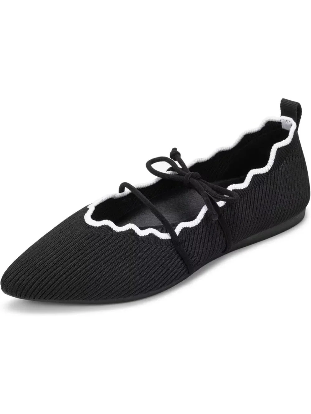 Women's Black Rubber Knitted Slip On Pointed Toe with Ruffled Vamp Elastic Flats